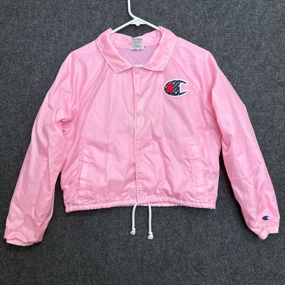 Champion Women’s Cropped Windbreaker M Pink Snap-Up Jacket Streetwear Skater